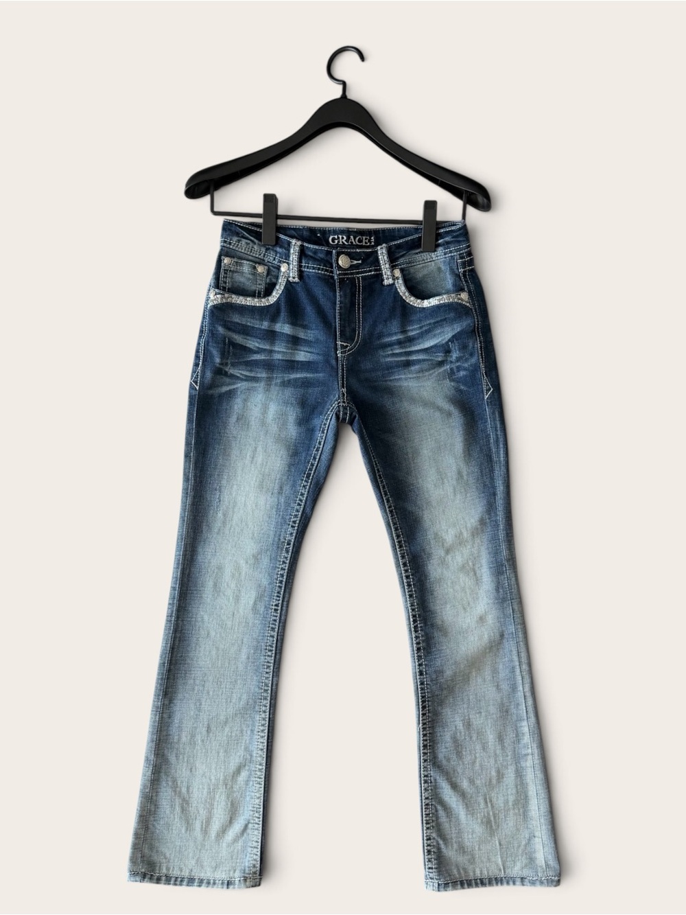 Grace in LA Rhinestone Pocket Embellished Bootcut Jeans Size 27